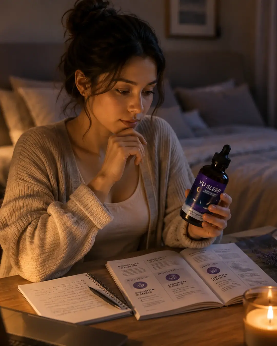 Yu Sleep sleep support supplement beside a woman relaxing in a cozy bedroom